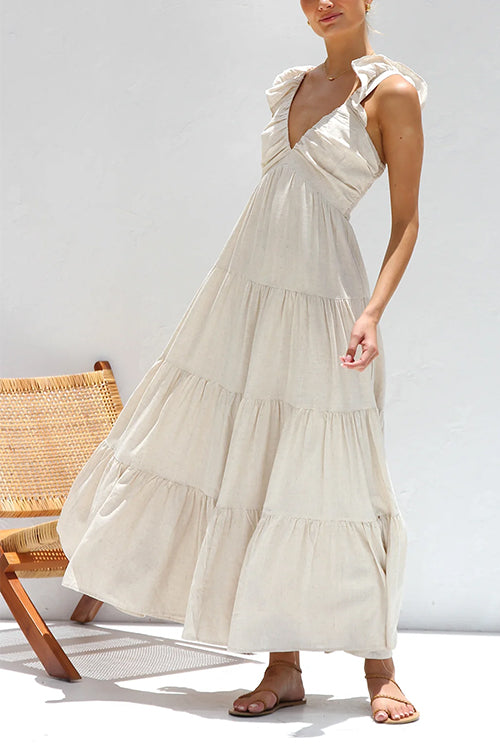 Emma | V-hals linnen maxi-jurk