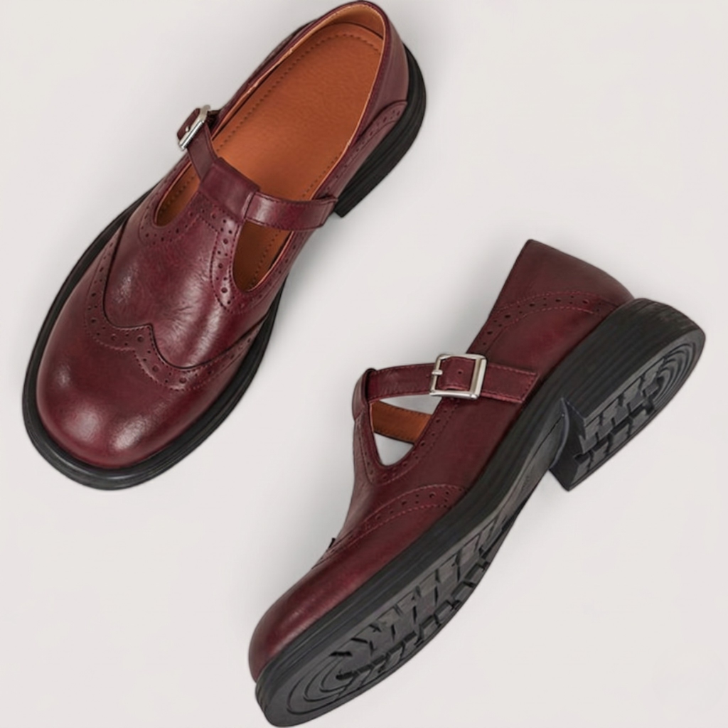 Elise | Luxe Mary Jane Schoenen – T-Strap Brogue met Comfortabele Blokhak