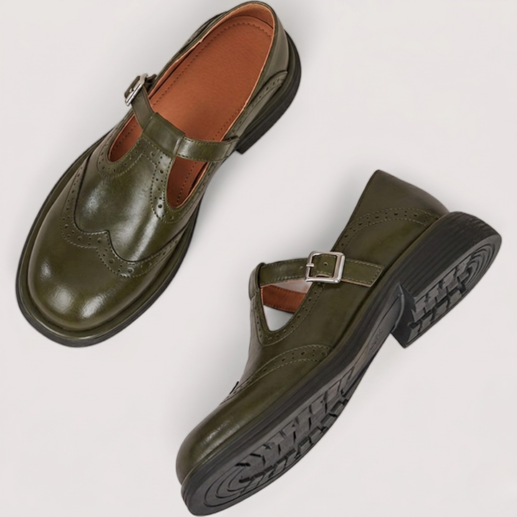 Elise | Luxe Mary Jane Schoenen – T-Strap Brogue met Comfortabele Blokhak