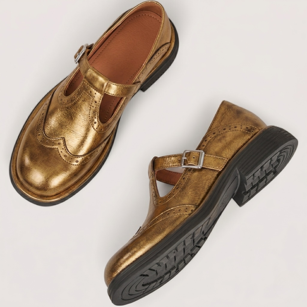 Elise | Luxe Mary Jane Schoenen – T-Strap Brogue met Comfortabele Blokhak