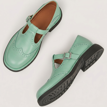 Elise | Luxe Mary Jane Schoenen – T-Strap Brogue met Comfortabele Blokhak