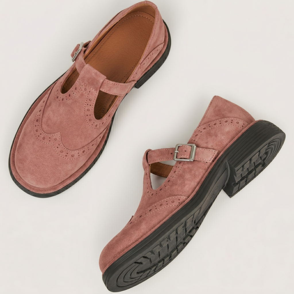 Elise | Luxe Mary Jane Schoenen – T-Strap Brogue met Comfortabele Blokhak
