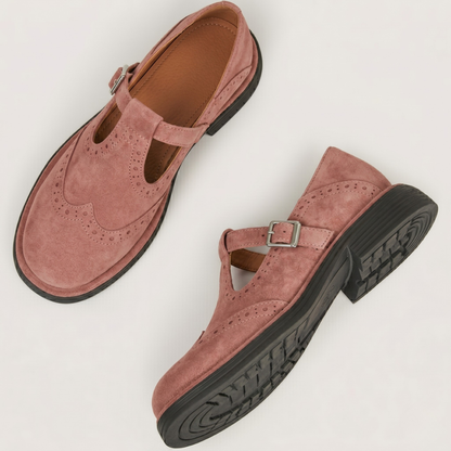 Elise | Luxe Mary Jane Schoenen – T-Strap Brogue met Comfortabele Blokhak