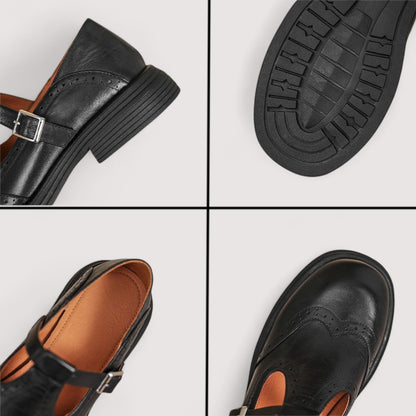 Elise | Luxe Mary Jane Schoenen – T-Strap Brogue met Comfortabele Blokhak